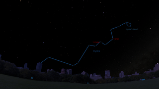 A look at Hydra in the night sky over New York City on April 26, 2018, at 9:30 p.m. local time. (Hit the symbol at the top right of the image to expand.)