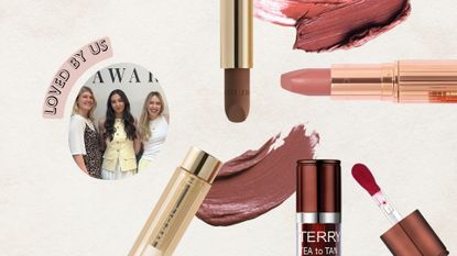 A collage of the beauty team's favourite lip products from Merit, Charlotte Tilbury and By Terry, alongside stock images of lipstick swatches and a picture of the woman&home beauty team