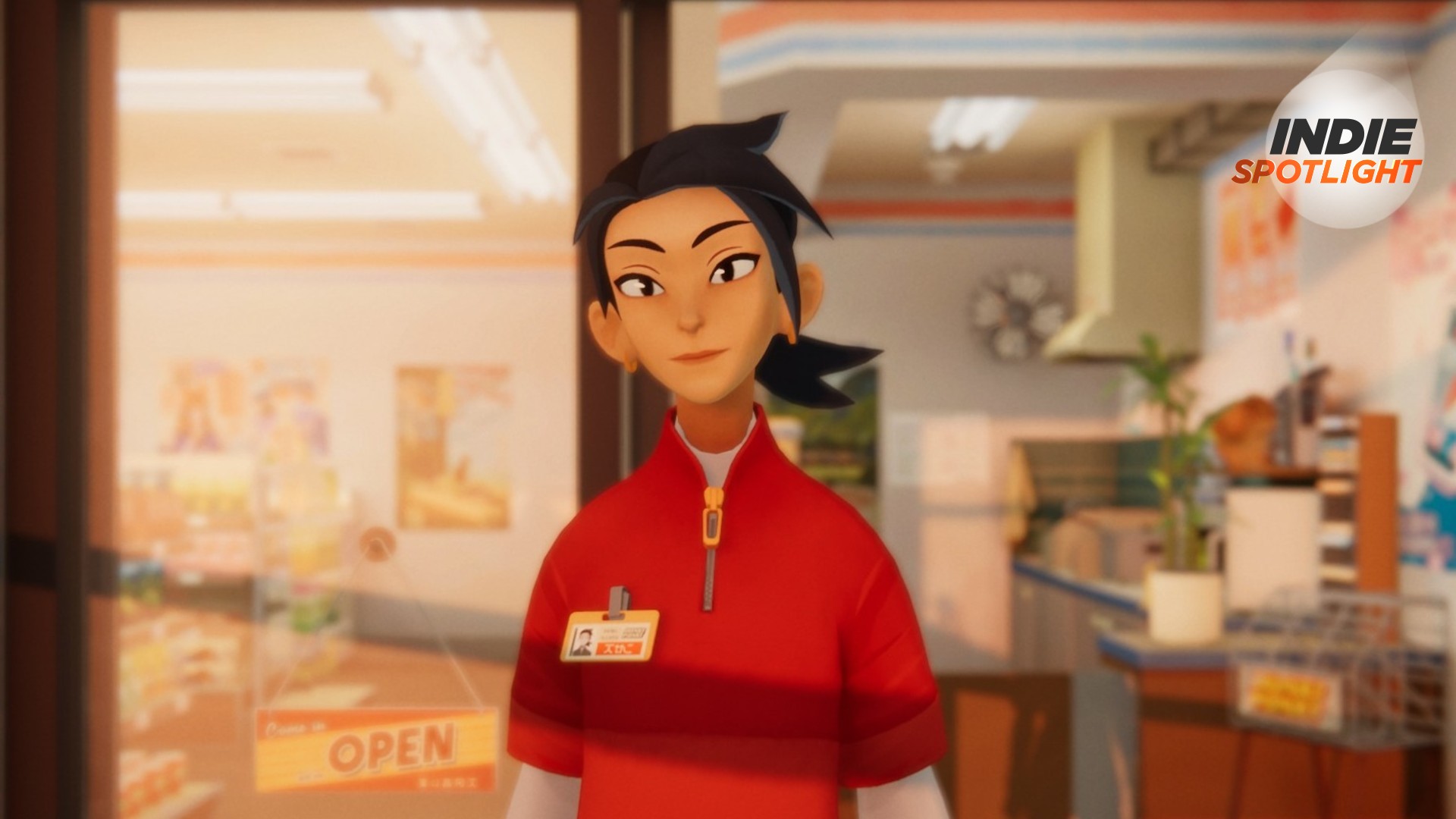 In Inkonbini: One Store. Many Stories, protagonist Makoto stands in front of the convivence store she's working at for her auntie. GamesRadar+ Indie Spotlight logo can be seen in the top right-hand corner of the image. 