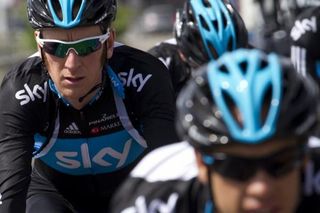 Bradley Wiggins on a training ride in Liege, Belgium with his Sky teammates.