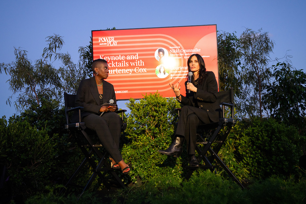 Courteney Cox onstage with Nikki Ogunnaike at the Marie Claire Power Play event