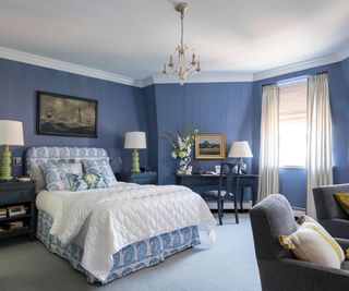 Blue bedroom, white curtains and lampshades