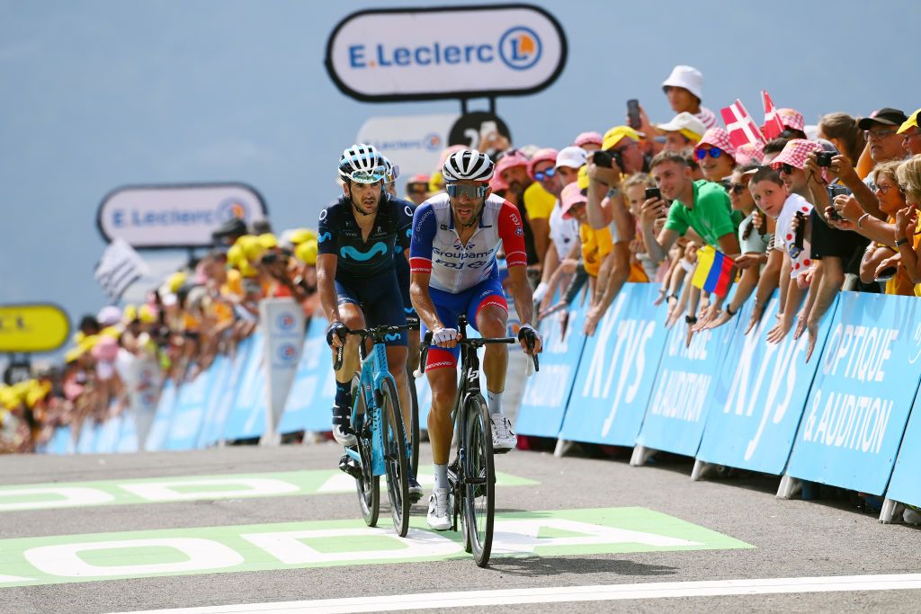 PEYRAGUDES FRANCE JULY 20 LR Gorka Izagirre Insausti of Spain and Movistar Team and Thibaut Pinot of France and Team Groupama FDJ cross the finish line during the 109th Tour de France 2022 Stage 17 a 1297km stage from SaintGaudens to Peyragudes 1580m TDF2022 WorldTour on July 20 2022 in Peyragudes France Photo by Tim de WaeleGetty Images