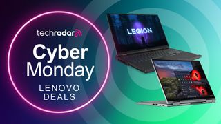 Two Lenovo laptops on a TechRadar Cyber Monday deals overlay