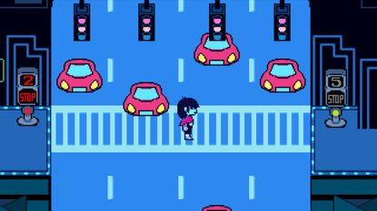 Kris standing on a crosswalk during Deltarune