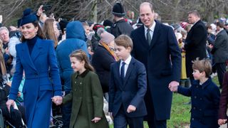 Catherine, Princess of Wales and Prince William, Prince of Wales with Prince Louis of Wales, Prince George of Wales and Princess Charlotte of Wales attend the Christmas Day service at St Mary Magdalene Church on December 25, 2023