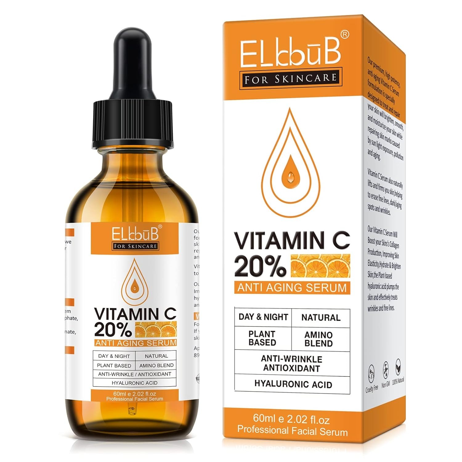 ELBBUB, Premium 20% Vitamin C Serum for Face With Hyaluronic Acid, Retinol &amp;amp; Amino Acids - Boost Skin Collagen,hydrate &amp;amp; Plump Skin, Anti Aging &amp;amp; Wrinkle Facial Serum 60ml