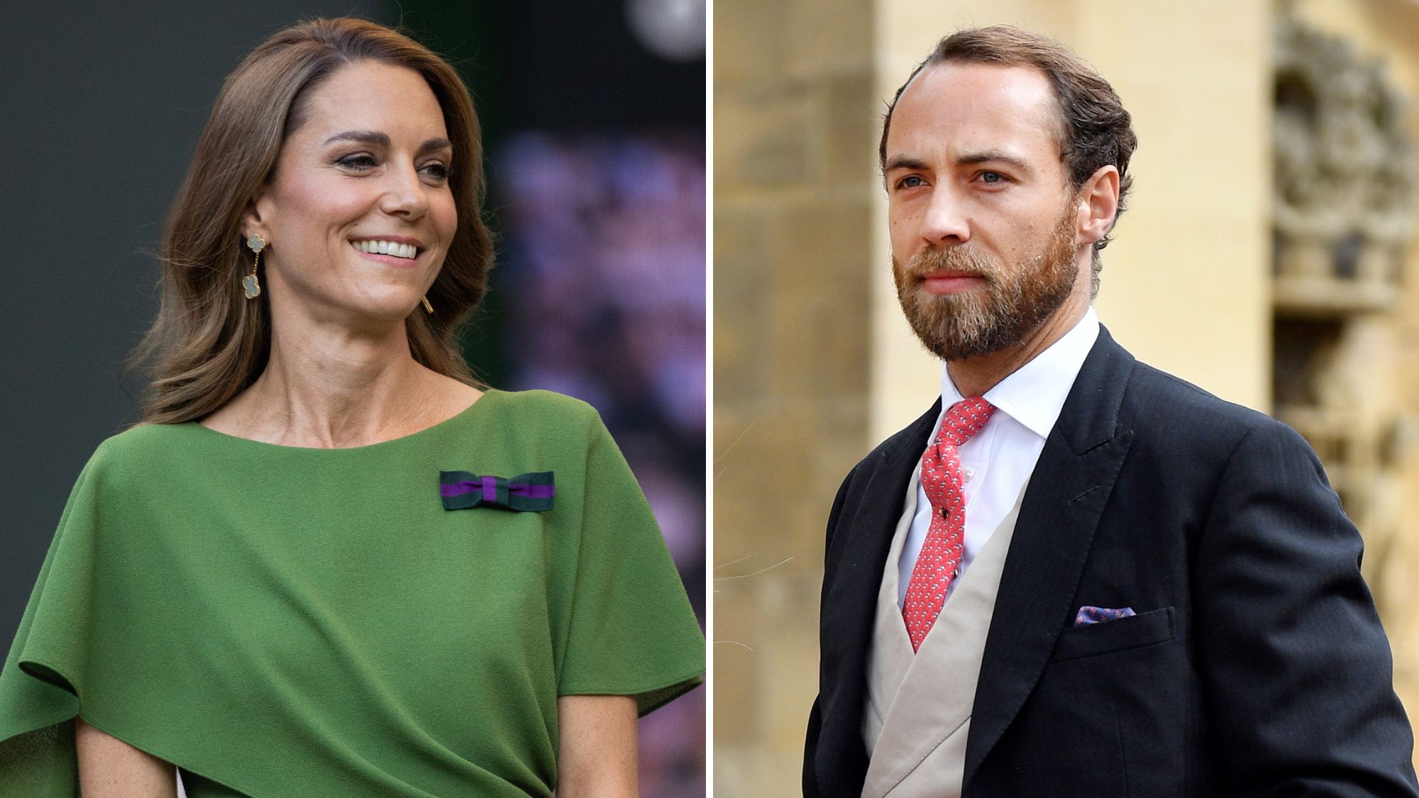 A composite of a picture of Kate Middleton at Wimbledon 2026 and a picture of James Middleton attending a Windsor wedding in 2019