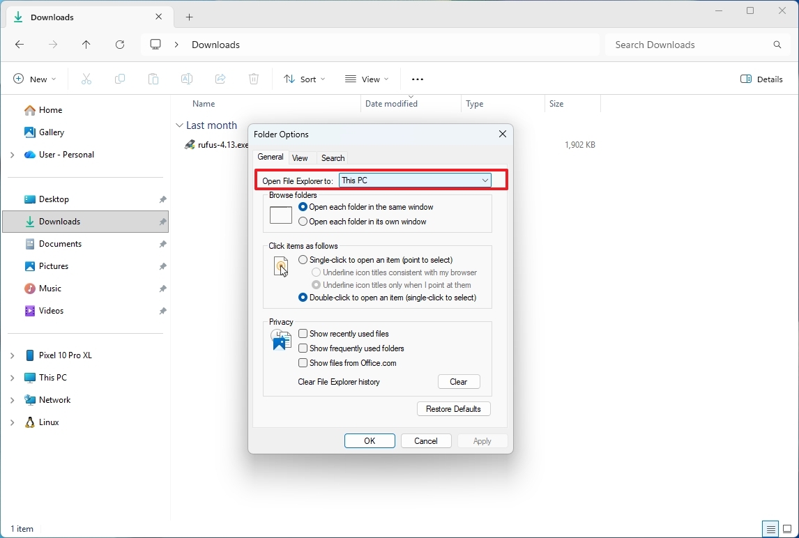 Folder Options changes startup page