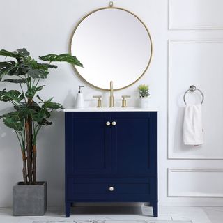 Moro 30" Dark blue Single Sink Vanity with gold hardware in a neutral bathroom