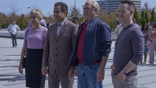 Traylor Howard as Natalie Teeger, Tony Shalhoub as Adrian Monk, Ted Levine as Leland Stottlemeyer and Jason Gray-Stanford as Randy Disher in Mr. Monk's Last Case: A Monk Movie