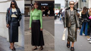 Leather maxi skirt street style