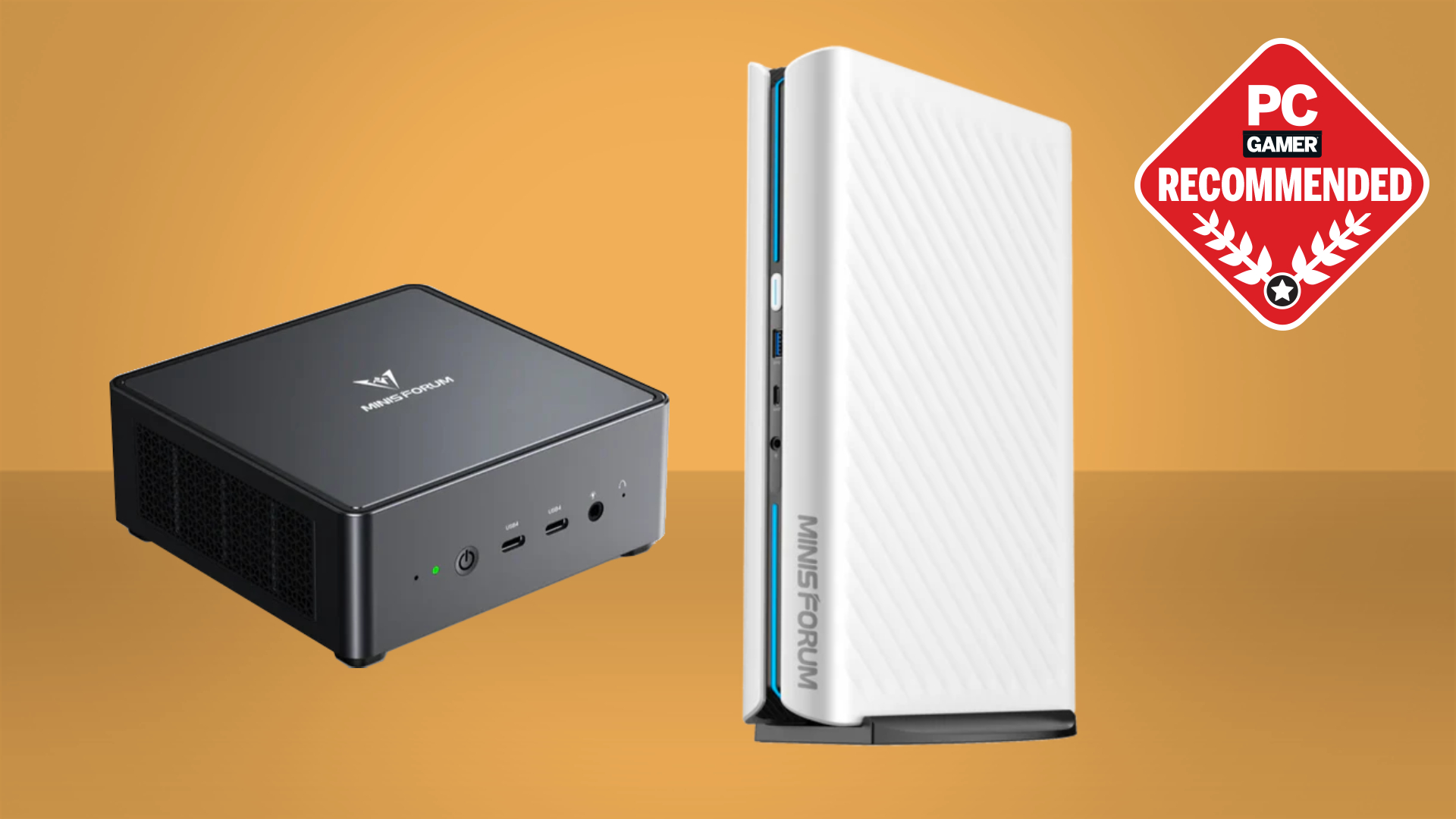 A Minisforum Venus UM790 Pro and AtomMan G1 Pro mini PC on a custom PC Gamer Recommended background.