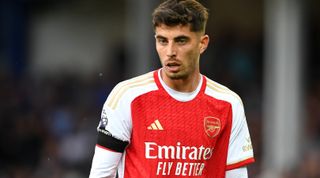 Kai Havertz of Arsenal looks on during the Premier League match between Everton FC and Arsenal FC at Goodison Park on September 17, 2023 in Liverpool, England.