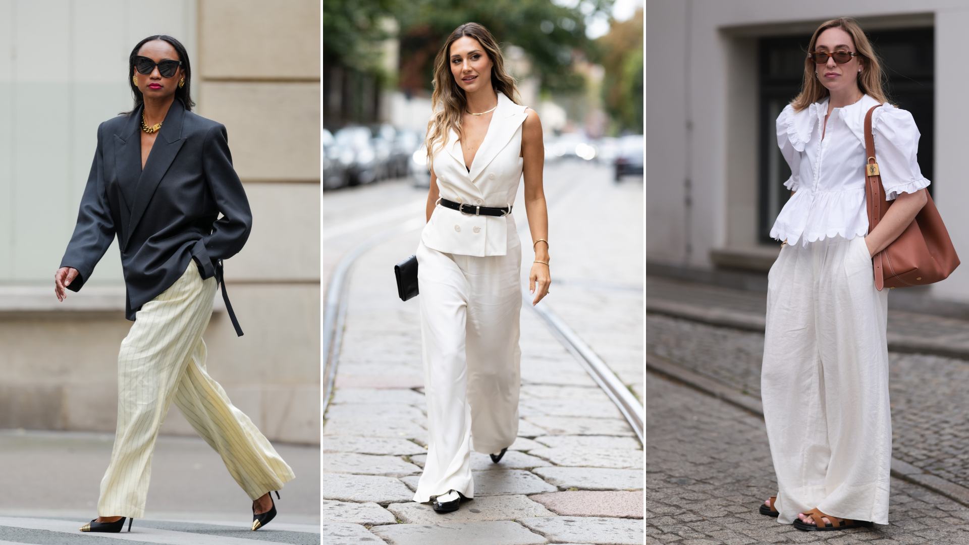 Women style white and cream linen pants with a black blazer, a tailored vest, and a ruffled white top.
