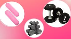 three of the best dumbbells for women in white circles, against a hot pink background