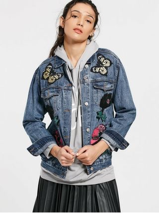 Butterfly Floral Patched Pockets Denim Jacket