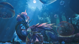 Mizutsune, the water wyvern from Monster Hunter Wilds, sits in a moonlit forest.