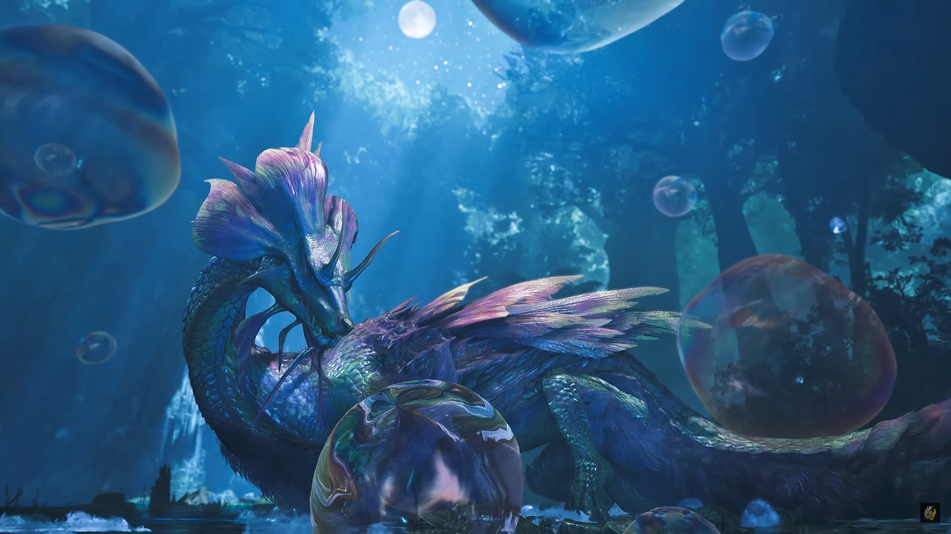 Mizutsune, the water wyvern from Monster Hunter Wilds, sits in a moonlit forest.