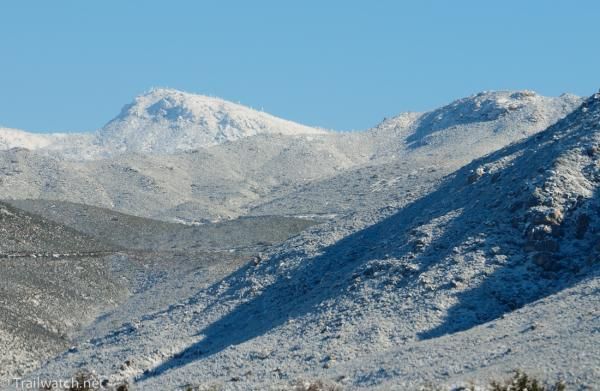 Newly fallen snow blankets the Cleveland Mountains along US Route 8