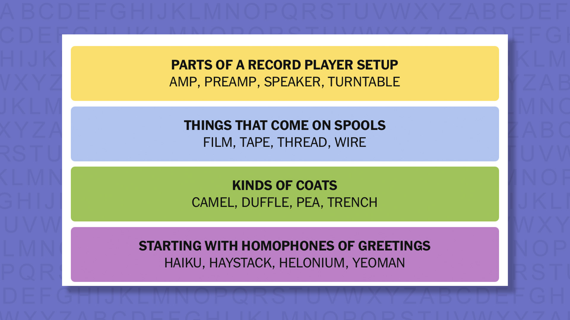 NYT Connections answers for game 848 on a purple background