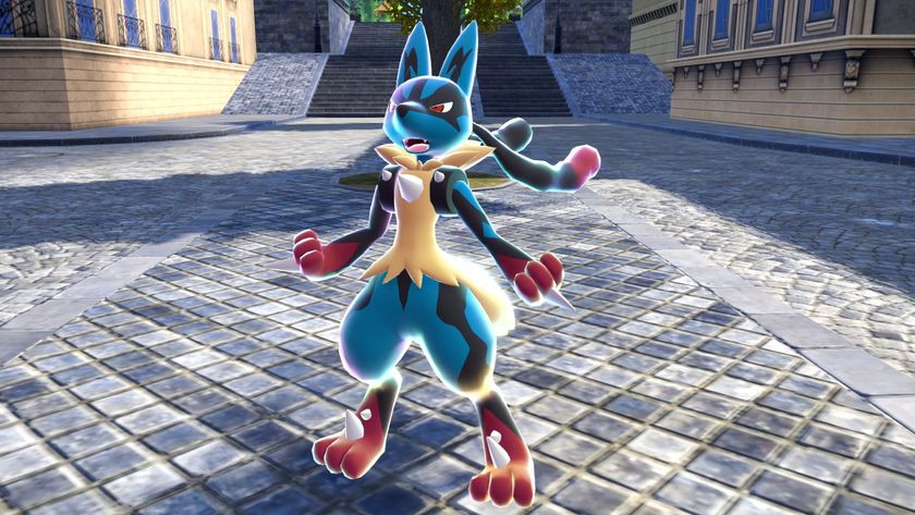 Pokemon Legends: Z-A screenshot of a Mega Lucario standing in a street.