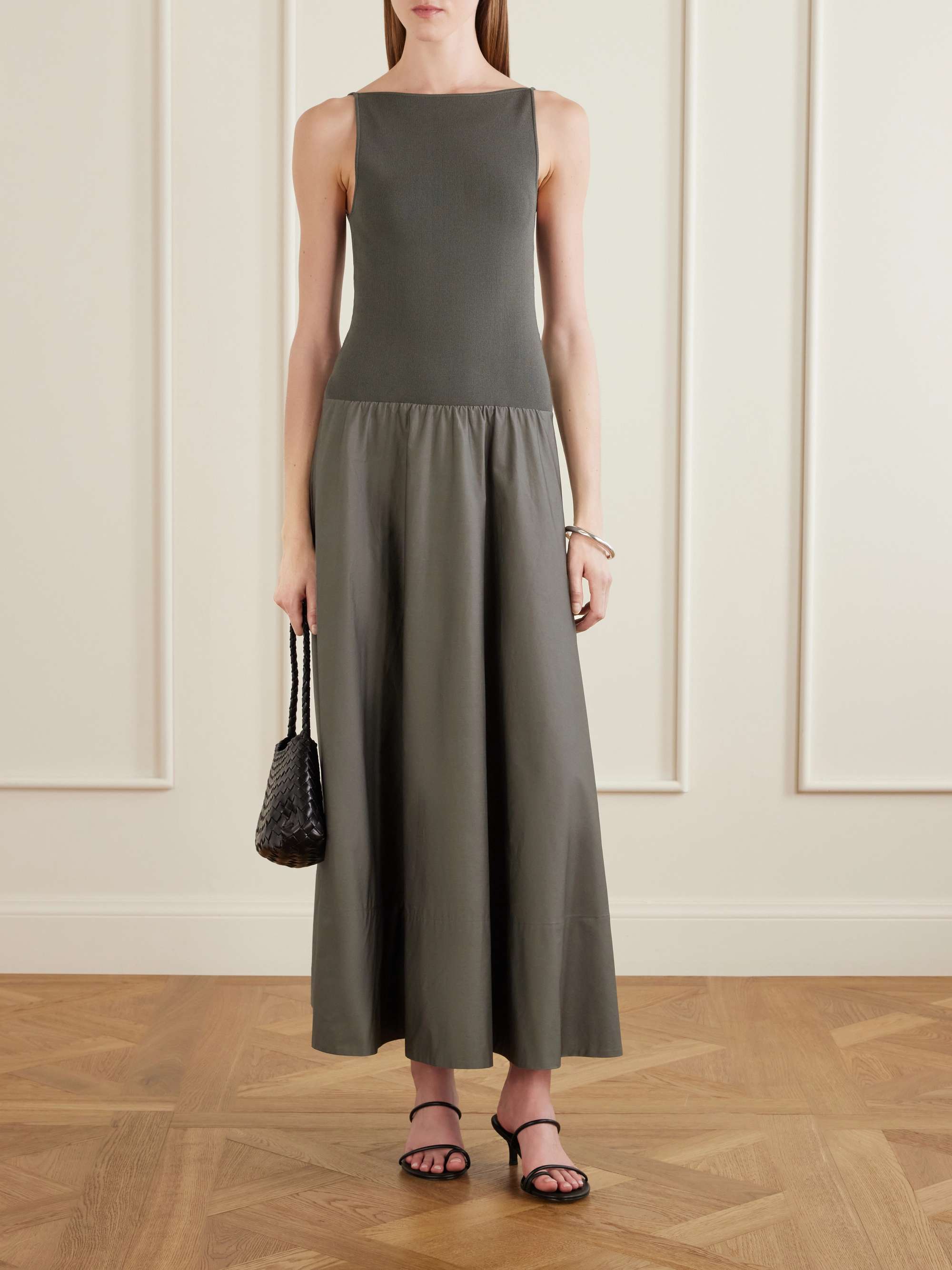 Ribbed Jersey and Cotton-Blend Poplin Midi Dress