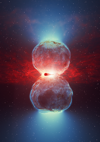 An artist's depiction of the hourglass-shaped shock wave triggered by a nova.