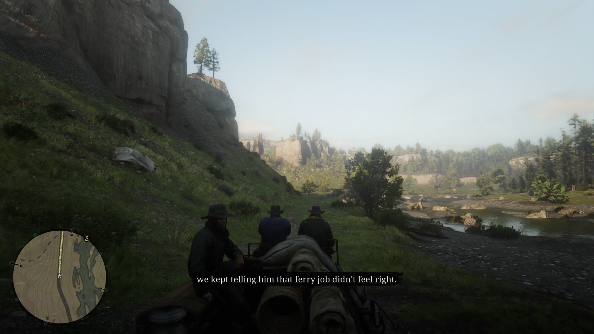 Red Dead Redemption 2 screenshot of Arthur and Hosea talking about how they felt the ferry job didn&#039;t feel right in Blackwater