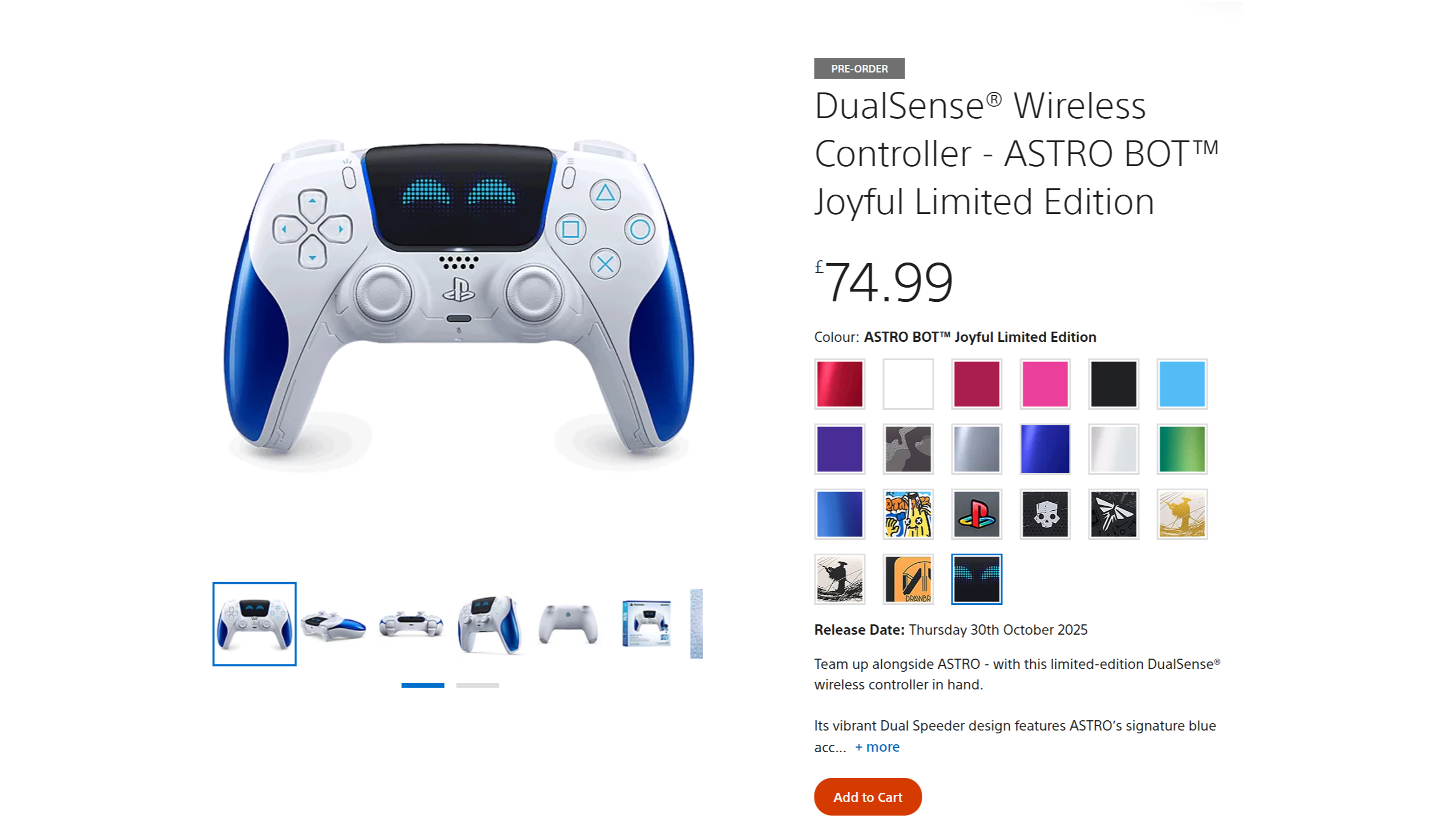 Astro Bot Joyful DualSense listing page at PS Direct on a white background