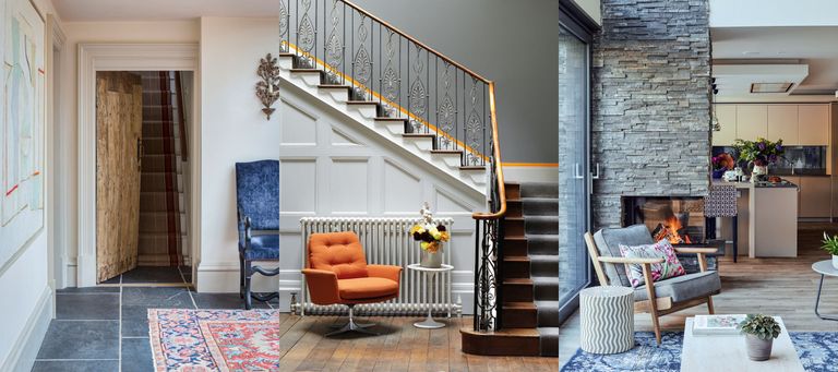 What color is slate? Traditional living space with slate flooring, slate painted stairwell with orange accent stripe and orange lounge chair, slate stone feature wall in open-plan living space