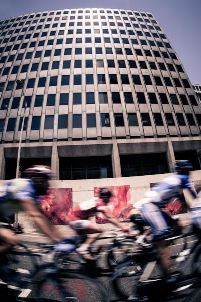The race goes by some of the tall buildings of Crystal City.