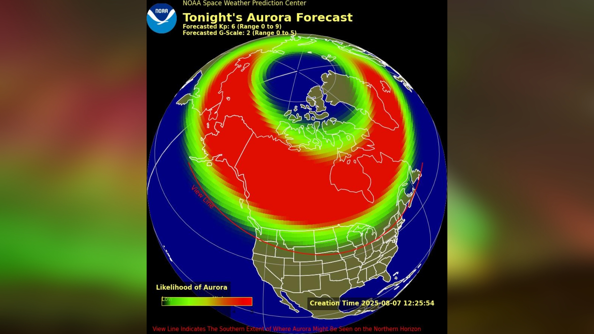 map showing possible aurora view line across the US and which states could see the northern lights tonight.