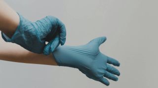 Someone putting on blue rubber gloves