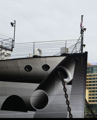 Artist Tobias Rehberger docks his ’dazzle’ warship on London’s River Thames