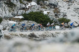 Images of riders ascending Tre Cime di Lavaredo on stage 19 of the Giro d'Italia 2023