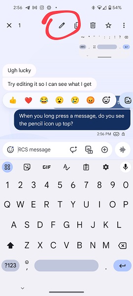 The pencil icon (edit button) in the latest Google Messages beta for editing texts.