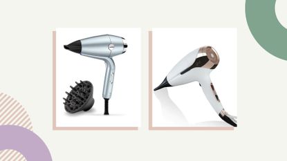 Collage of two of the best hair dryers for fine hair by babyliss and ghd