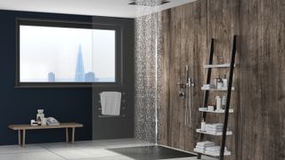 wooden panelling behind large shower 