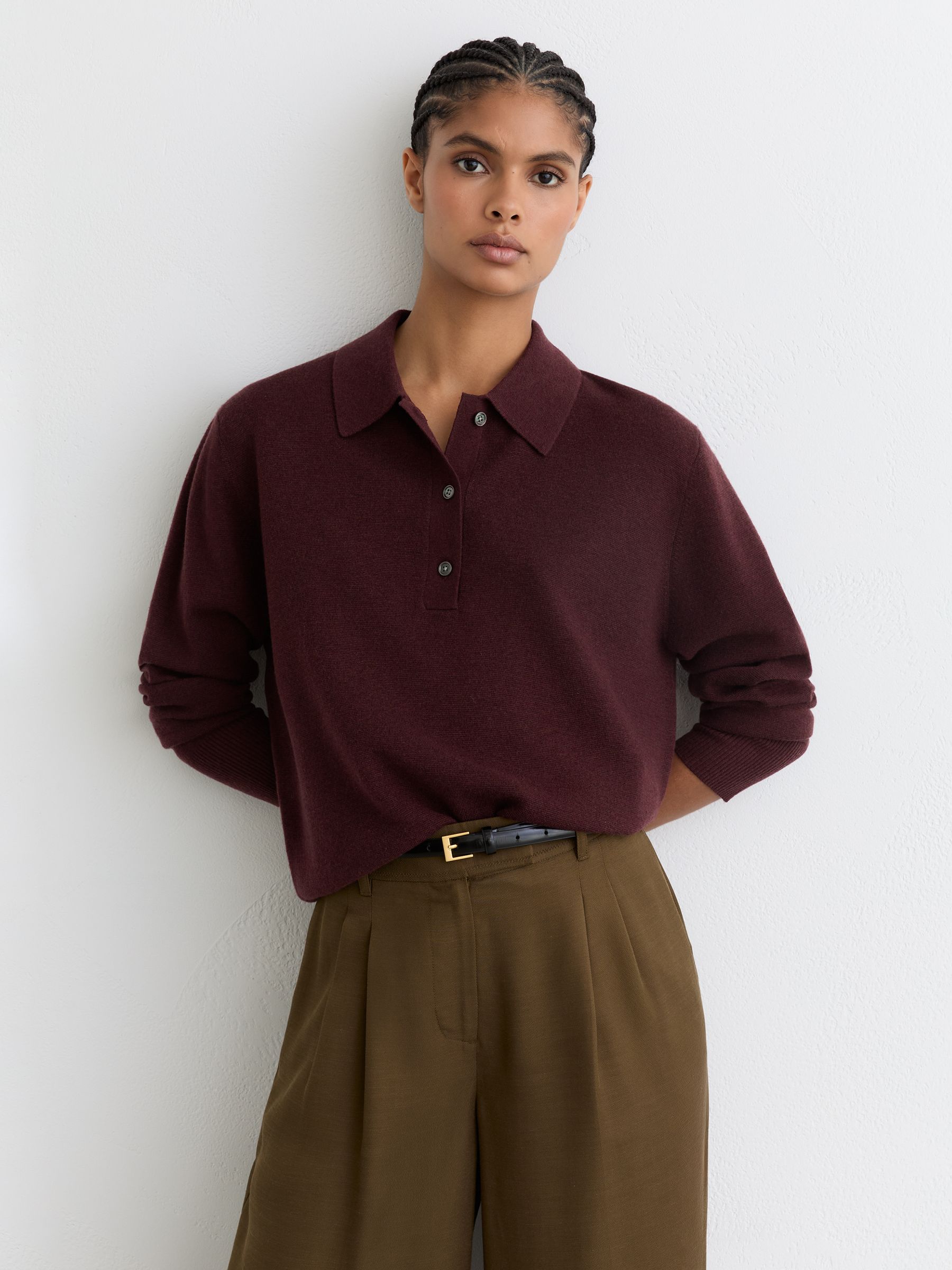 Merino Wool Knitted Polo Jumper in Plum Purple