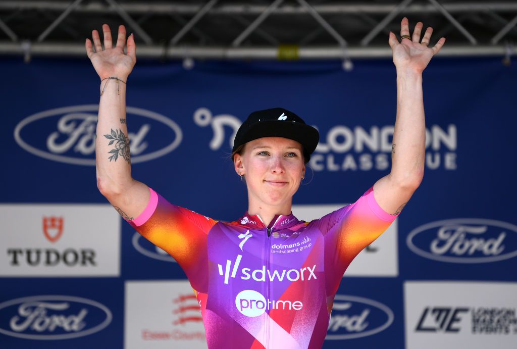 MALDON ENGLAND MAY 25 Lorena Wiebes of The Netherlands and Team SD WorxProtime celebrates at finish line as stage winner stage winner during the 10th Ford RideLondon Classique 2024 Stage 2 a 1426km stage from Saffron Maldon to Maldon UCIWWT on May 25 2024 in Maldon England Photo by Alex BroadwayGetty Images
