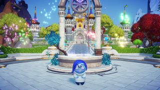Sadness stood in front of the fountain in the Plaza in Disney Dreamlight Valley