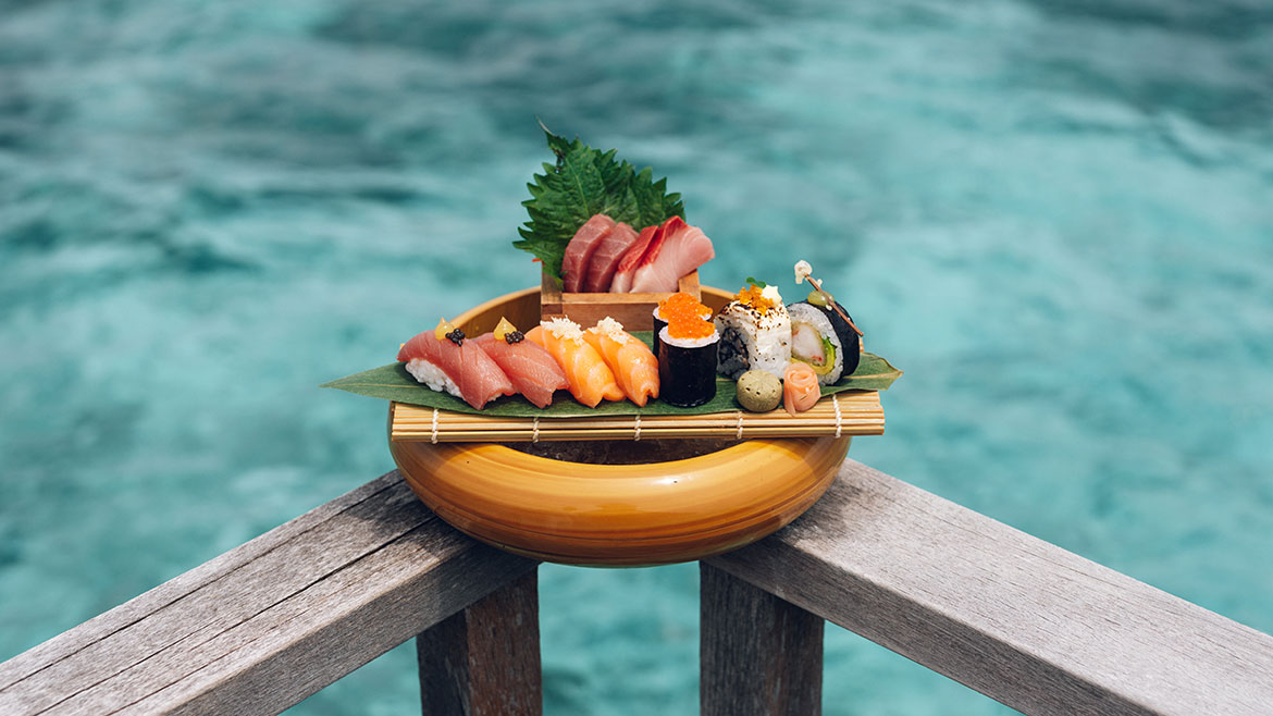 Sushi platter by the water from Salt at Huvafen Fushi