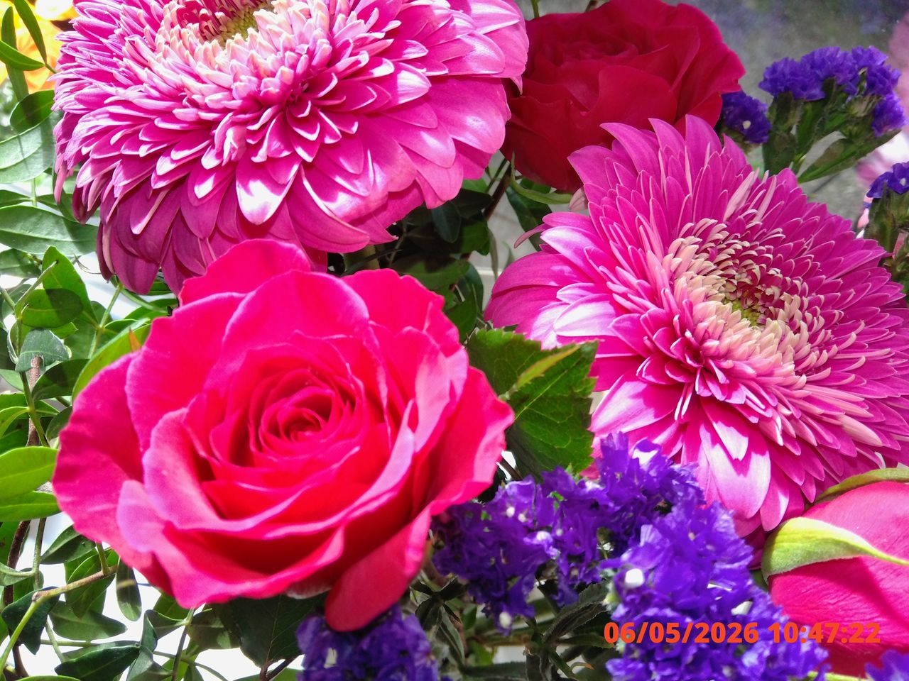 Close-up of a vibrant floral bouquet featuring pink roses, purple statice, and large pink chrysanthemums with green leaves