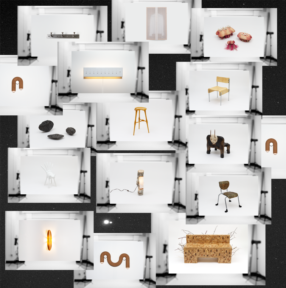 A series of experimental designs characterized by whimsical, creature-like shapes are photographed in a white studio and assembled into a visual collage.