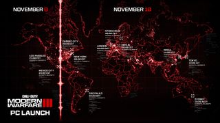 Call of Duty: Modern Warfare 3 (2023) launch times graphic showing times around the world corresponding to midnight November 10 Eastern US time zone.