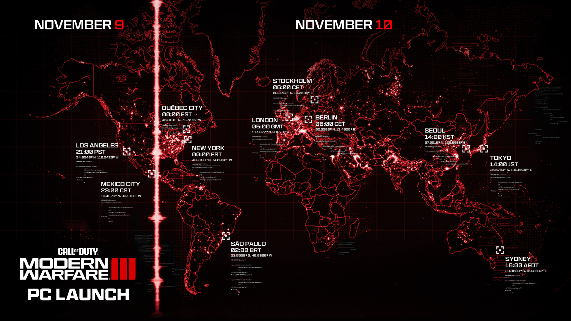 Call of Duty: Modern Warfare 3 (2023) launch times graphic showing times around the world corresponding to midnight November 10 Eastern US time zone.