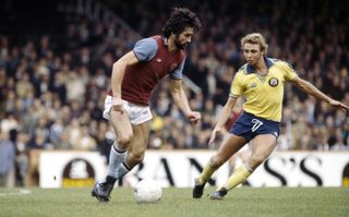 Dennis Mortimer on the ball for Aston Villa against Southampton in October 1979.