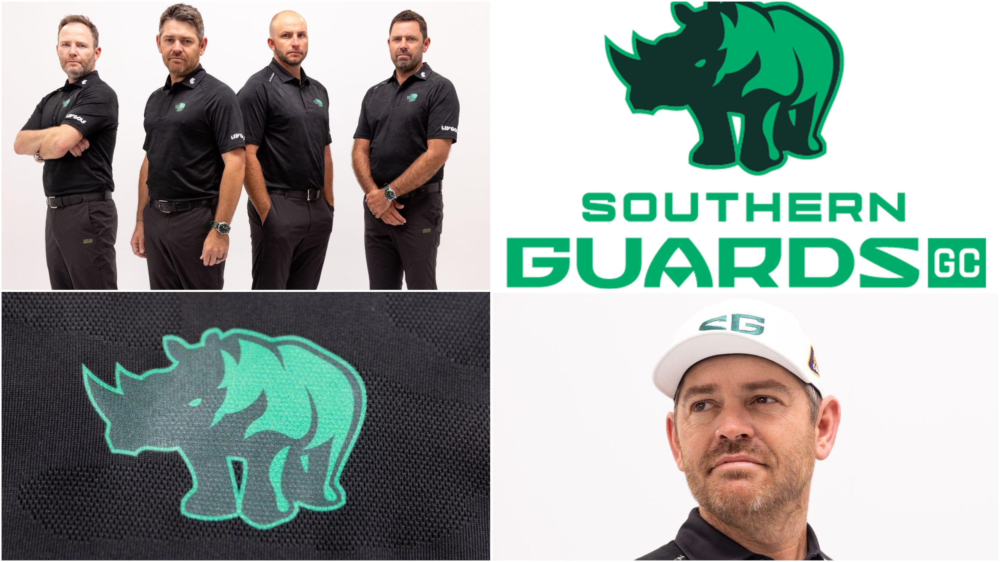 Four images showing LIV Golf's new Southern Guards GC team branding, logo and players