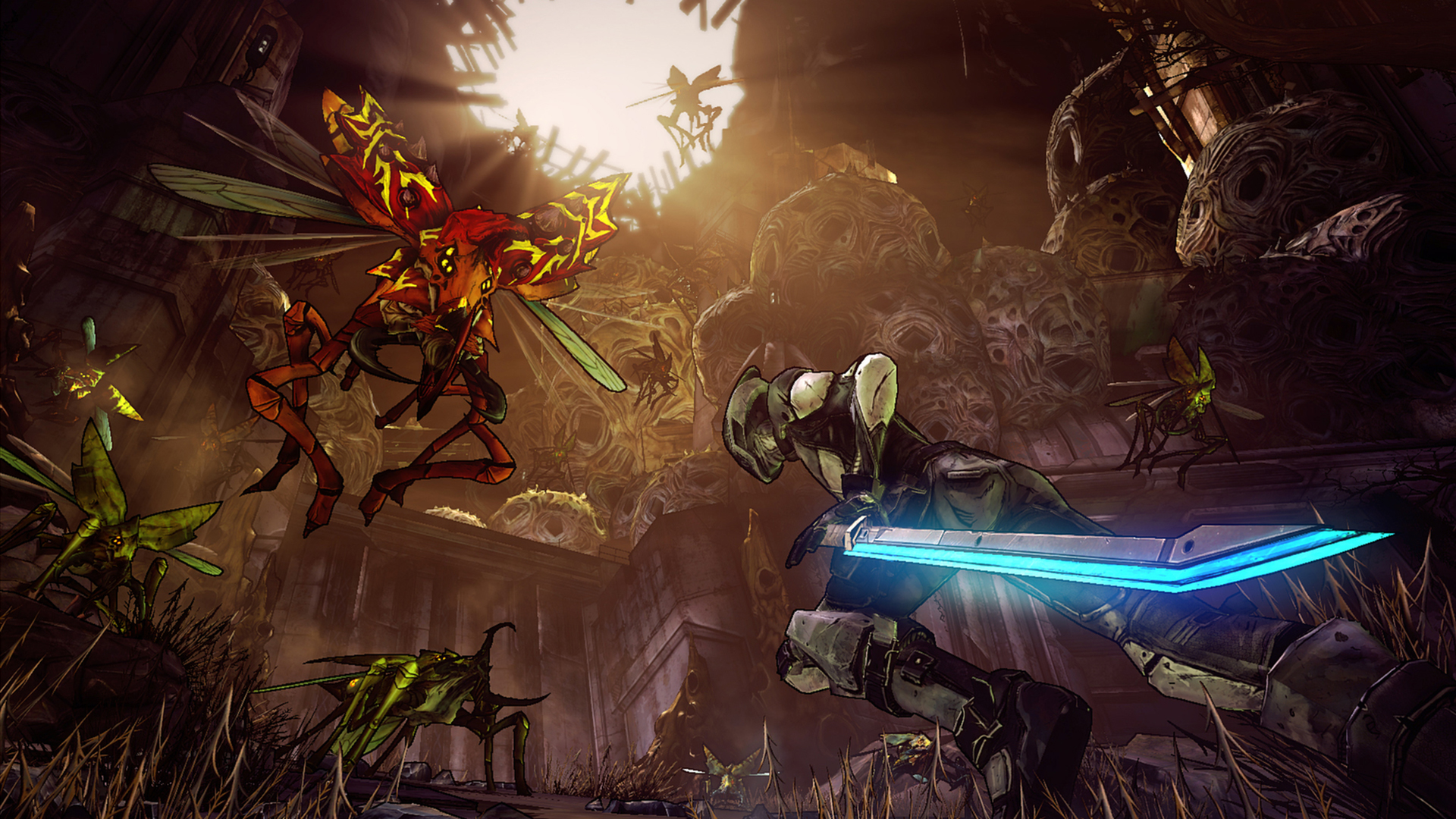Still from the video game Borderlands 2. A person with a giant futuristic-looking sword is preparing to strike an alien flying bug just flying above them.